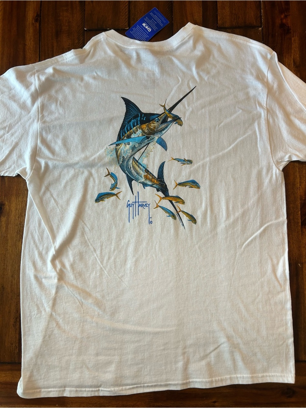 Guy Harvey White Short-Sleeve Marlin Graphic Tee with Blue and Gold Accents